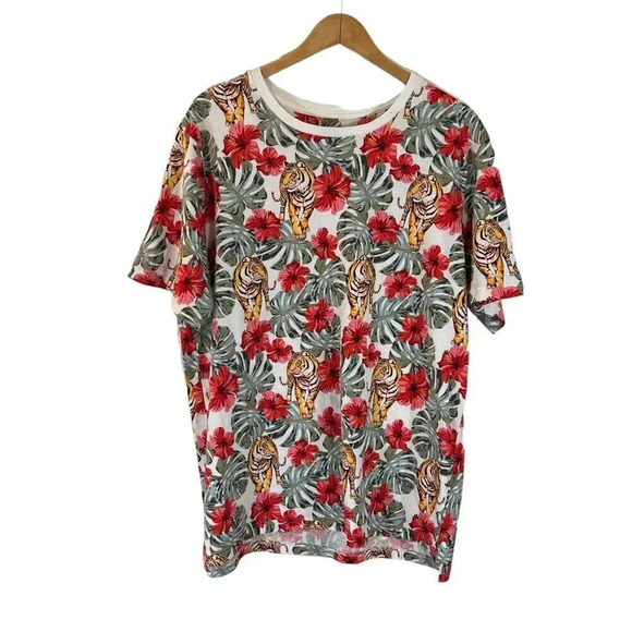 No Boundaries Tiger Jungle Safari Theme T Shirt XL Floral Tropical Colorful Knit - Picture 1 of 6